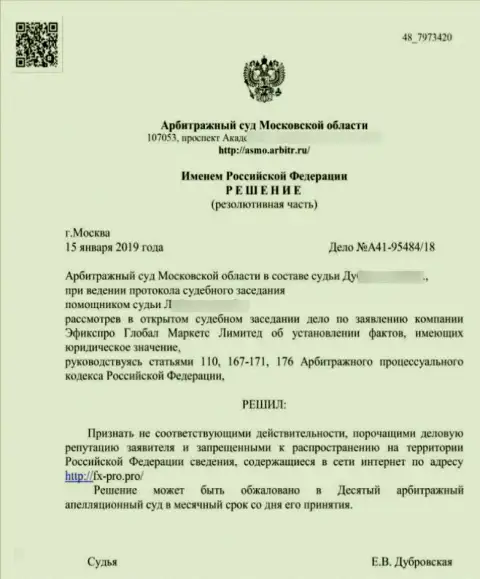 Решение арбитражного суда Московской области по иску мошенников Fx Pro в отношении сайта ФхПро Про