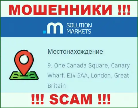На сайте Solution Markets нет реальной информации об официальном адресе компании - это ЛОХОТРОНЩИКИ !!!