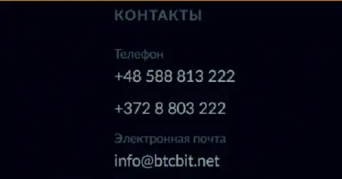 Телефоны и адрес электронной почты online-обменника BTCBit